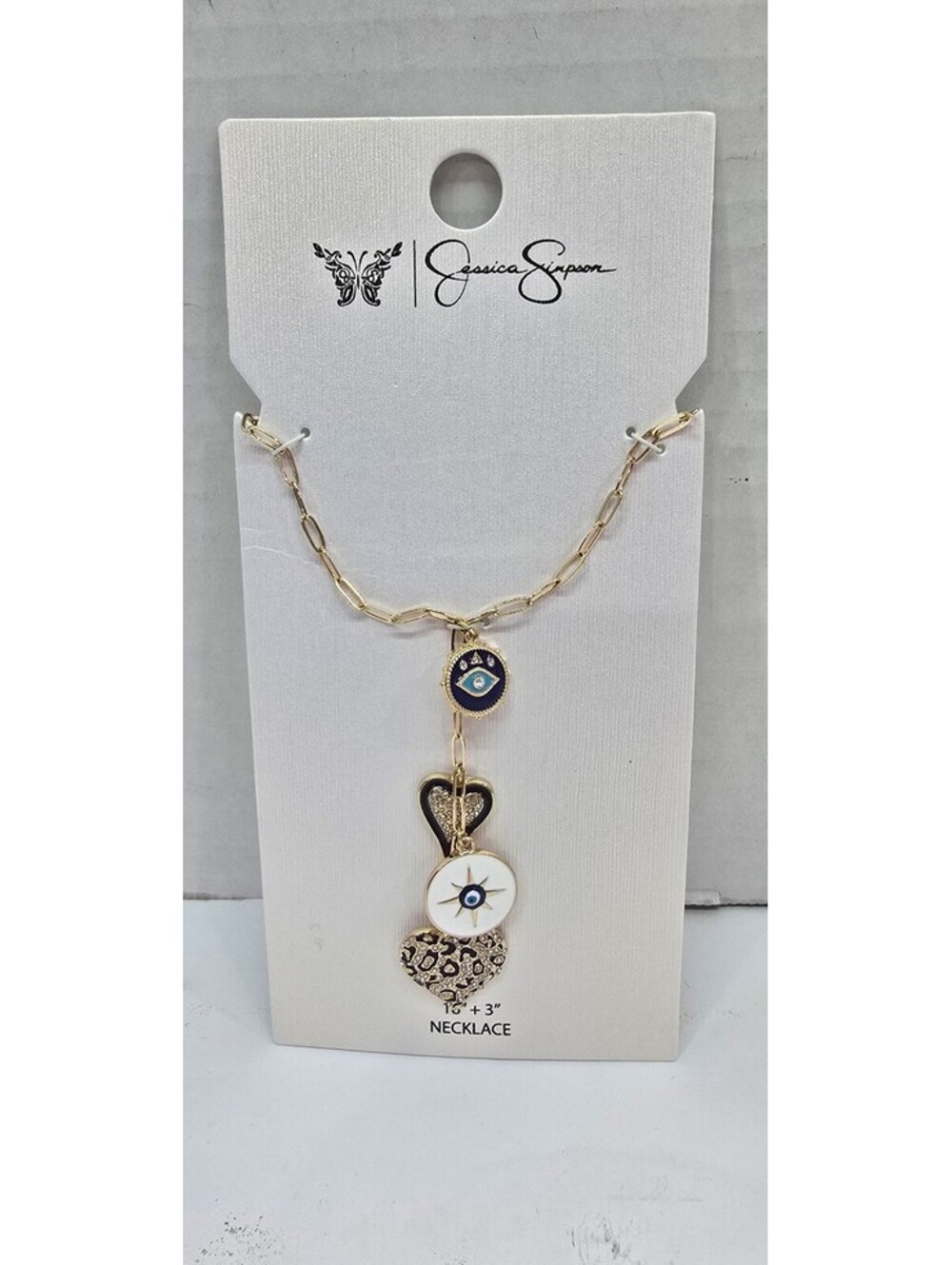 Jessica Simpson Gold Tone Chain Necklace with Heart and Eye Charms
